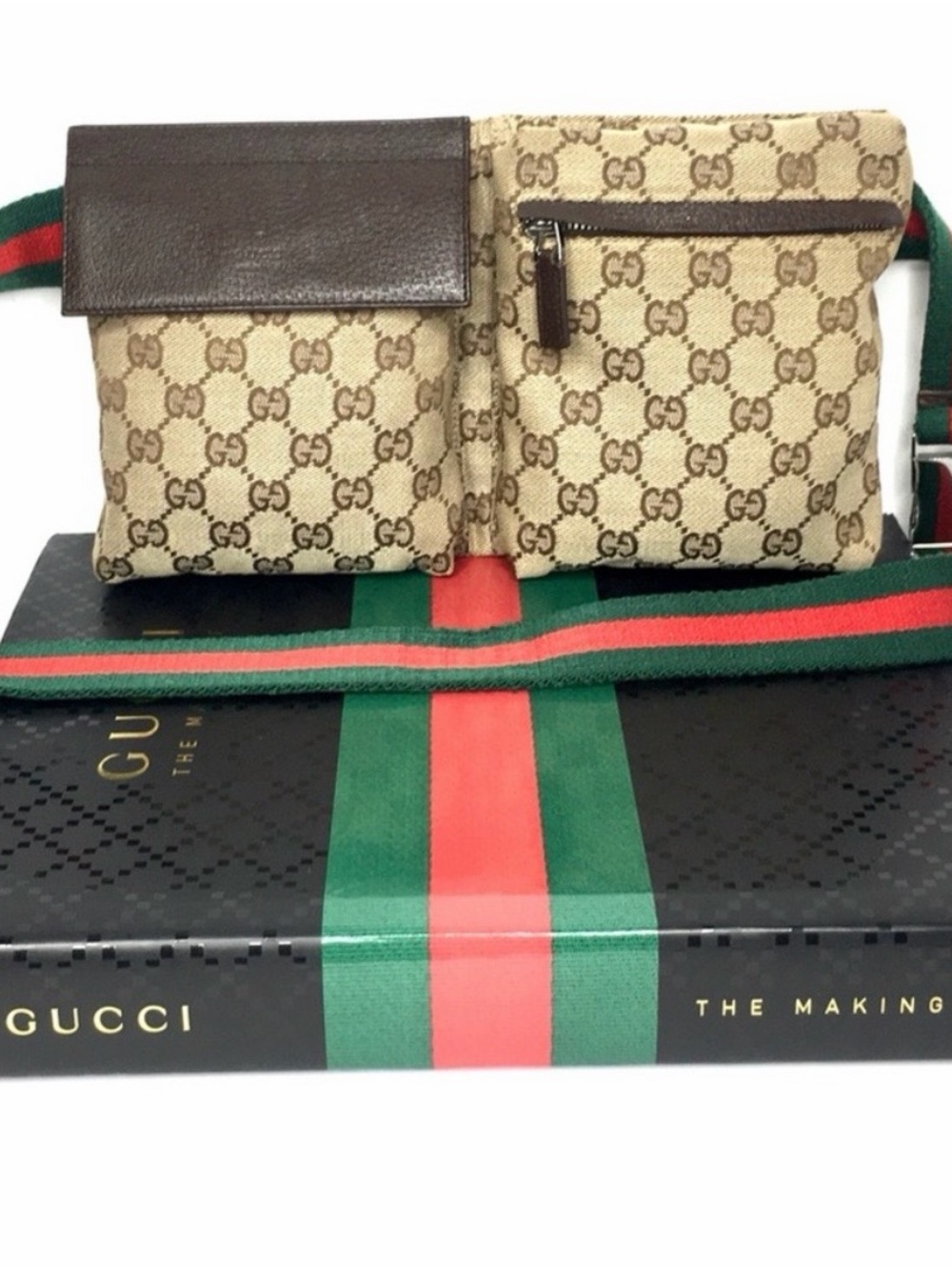 Gucci Beige GG Canvas waist Bag with Brown Leather Flap and web Green-Red Strap.